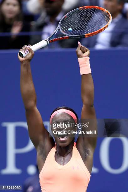 Sloane Stephens of the United States celebrates after defeating Venus Williams of the United States in their Women's Singles Semifinal match on Day...