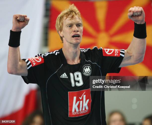 Christian Schoene of Germany celebrates a goal during the Men's World Handball Championships match between Macedonia and Germany at the Sports Centre...