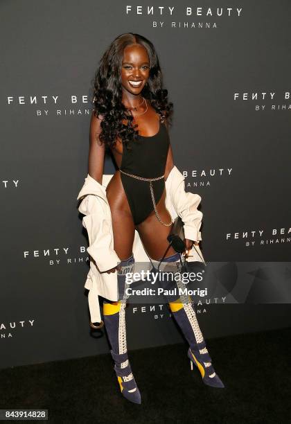 Supermodel Duckie Thot arrives to the Fenty by Rihanna Launch at the Duggal Greenhouse on September 7, 2017 in New York City.