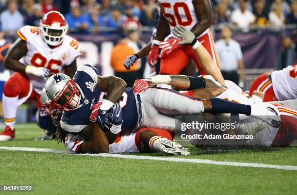 Mike Gillislee of the New England Patriots scores a touchdown during the second quarter against the Kansas City Chiefs at Gillette Stadium on...