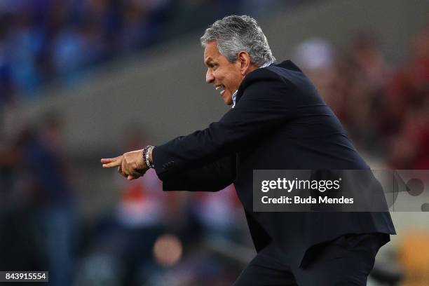 Head coach Reinaldo Rueda of Flamengo gestures during a match between Flamengo and Cruzeiro part of Copa do Brasil 2017 Finals at Maracana Stadium on...