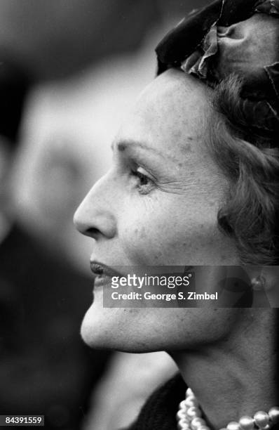Close-up profile portrait of Thelma Catherine "Pat" Nixon , wife of then vice-president Richard Nixon, smiling at an unidentified event, 1960. New...