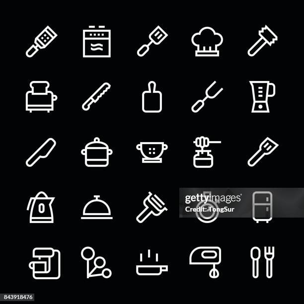 kitchen utensils icons set2 - medium line - white - wok cooking stock illustrations