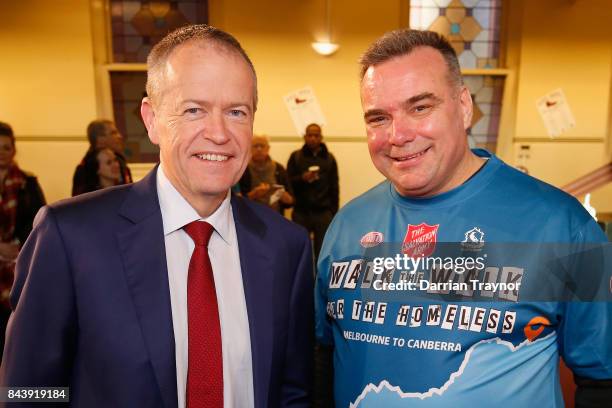 The Leader of the Opposition, Bill Shorten and Major Brendan Nottle of the Salvation Army pose for a photo at the launch of 'Walk the Walk' campaign...