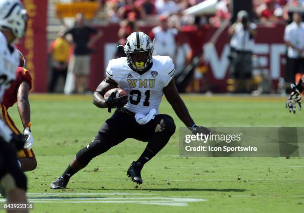 Western Michigan Broncos wide receiver Jaylen Hall makes a catch during the game against the USC Trojans on September 02 at the Los Angeles Memorial...