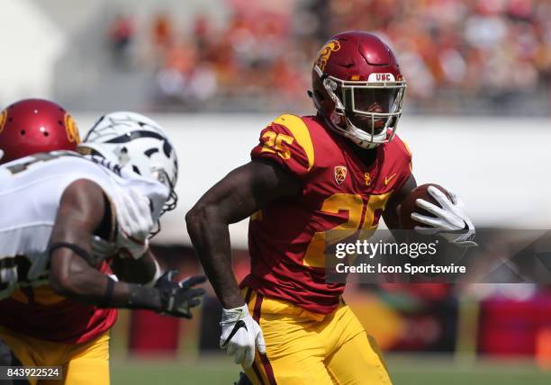 Trojans running back Ronald Jones II runs the ball during the game against the Western Michigan Broncos on September 02 at the Los Angeles Memorial...