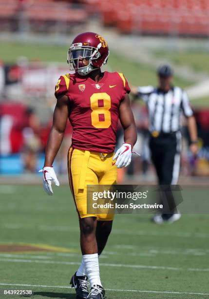 Trojans defensive back Iman Marshall lines up during the game against the Western Michigan Broncos on September 02 at the Los Angeles Memorial...