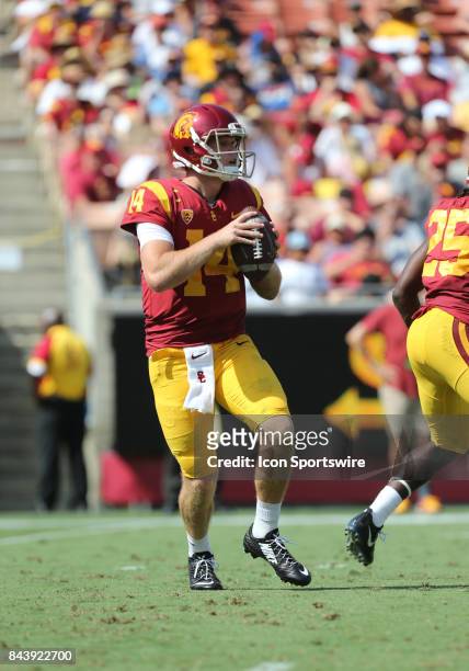 Trojans quarterback Sam Darnold makes a throw during the game against the Western Michigan Broncos on September 02 at the Los Angeles Memorial...