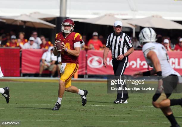 Trojans quarterback Sam Darnold makes a throw during the game against the Western Michigan Broncos on September 02 at the Los Angeles Memorial...