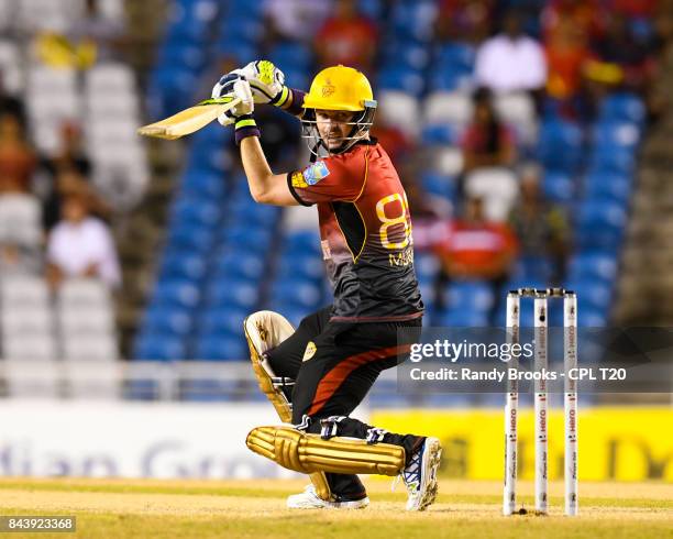 In this handout image provided by CPL T20, Colin Munro of Trinbago Knight Riders hits 4 during Eliminator 2 of the 2017 Hero Caribbean Premier League...