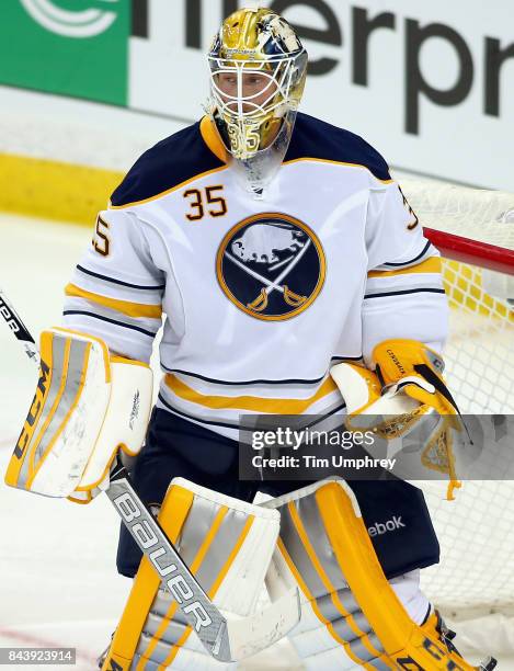 Goaltender Anders Lindback of the Buffalo Sabres plays in the game against the Tampa Bay Lightning at Amalie Arena on March 3, 2015 in Tampa, Florida.