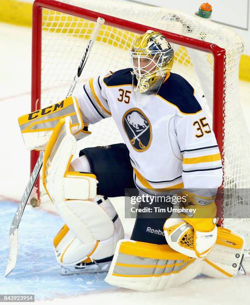 Goaltender Anders Lindback of the Buffalo Sabres plays in the game against the Tampa Bay Lightning at Amalie Arena on March 3, 2015 in Tampa, Florida.