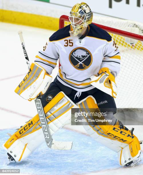Goaltender Anders Lindback of the Buffalo Sabres plays in the game against the Tampa Bay Lightning at Amalie Arena on March 3, 2015 in Tampa, Florida.