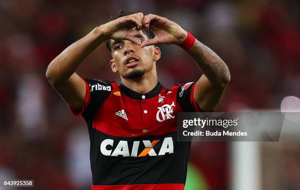 Lucas Paqueta of Flamengo celebrates a scored goal during a match between Flamengo and Cruzeiro part of Copa do Brasil 2017 Finals at Maracana...