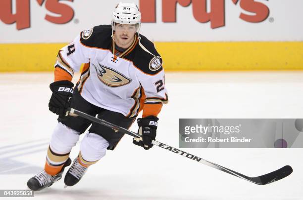 Simon Despres of the Anaheim Ducks warms up before the game against the Arizona Coyotes at Gila River Arena on March 3, 2015 in Glendale, Arizona.