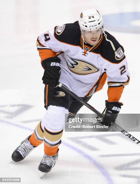 Simon Despres of the Anaheim Ducks warms up before the game against the Arizona Coyotes at Gila River Arena on March 3, 2015 in Glendale, Arizona.