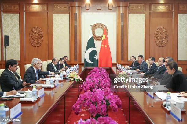 Chinese Foreign Minister Wang Yi meeting with Pakistan Foreign Minister Khawaja Muhammad Asif at Diaoyutai State Guesthouse on September 8, 2017 in...