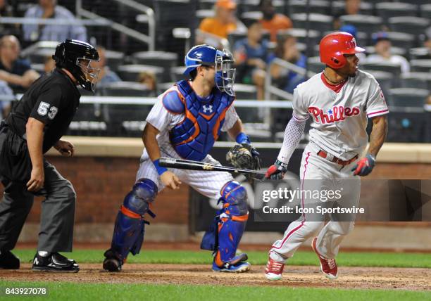 Philadelphia Phillies left left fielder Nick Williams lines a base hit during the MLB game between New York Mets and the Philadelphia Phillies on...