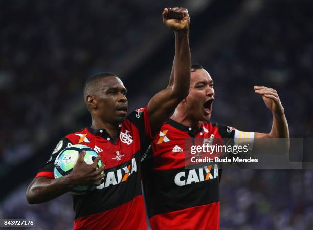 Juan and Rever of Flamengo celebrate a scored goal during a match between Flamengo and Cruzeiro part of Copa do Brasil 2017 Finals at Maracana...