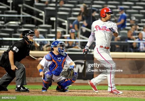 Philadelphia Phillies left fielder Nick Williams lines a base hit during the MLB game between New York Mets and the Philadelphia Phillies on...