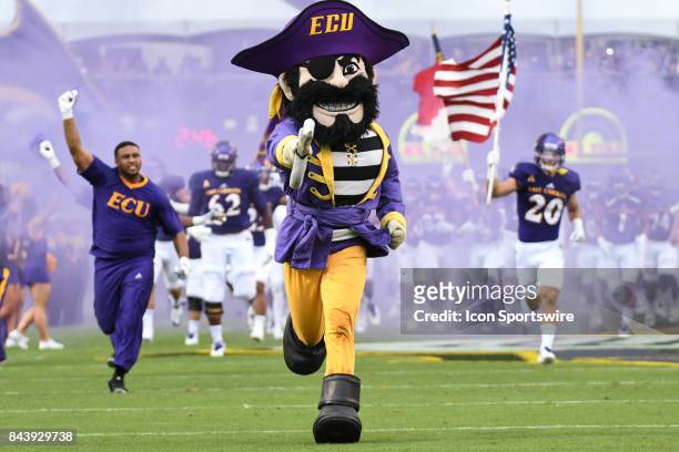 East Carolina Pirates mascot PeeDee takes the field during a game between the James Madison Dukes and the East Carolina Pirates on September 2, 2017...