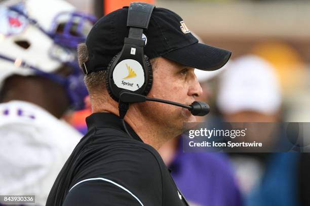 James Madison Dukes. Head coach watches the play during a game between the James Madison Dukes and the East Carolina Pirates on September 2, 2017 at...
