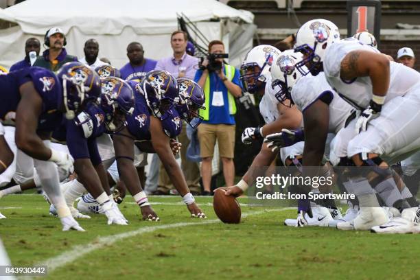 East Carolina Pirates defensive lines up against James Madison Dukes during a game between the James Madison Dukes and the East Carolina Pirates on...