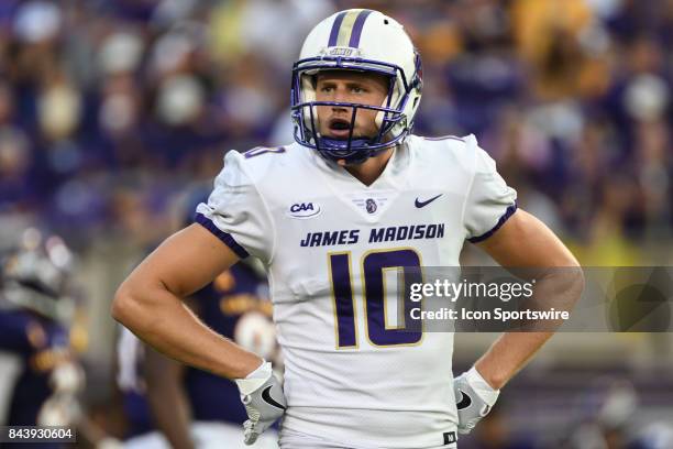 Wide receiver Riley Stapleton of the James Madison Dukes looks to the sidelines during a game between the James Madison Dukes and the East Carolina...