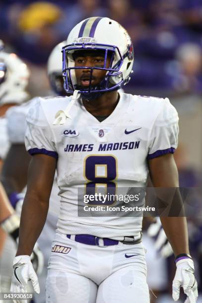 Wide receiver John Miller of the James Madison Dukes looks to the sidelines during a game between the James Madison Dukes and the East Carolina...