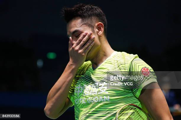 Lin Dan reacts during the Men's singles badminton final match against Shi Yuqi on day twelve of the 13th Chinese National Games on September 8, 2017...