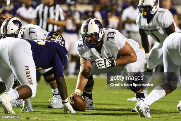 Offensive lineman Mac Patrick of the James Madison Dukes prepares for a snap during a game between the James Madison Dukes and the East Carolina...