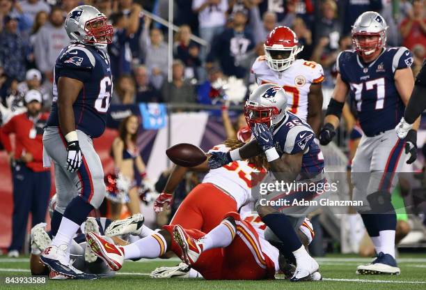 Mike Gillislee of the New England Patriots reacts after scoring a 1-yard touchdown during the third quarter against the Kansas City Chiefs at...