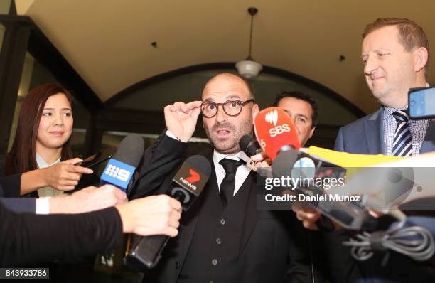 Celebrity chef George Calombaris talks to media as he leaves Downing Centre Local Court on September 8, 2017 in Sydney, Australia. The celebrity chef...