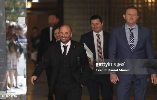 Celebrity chef George Calombaris leaves Downing Centre Local Court on September 8, 2017 in Sydney, Australia. The celebrity chef was charged with...