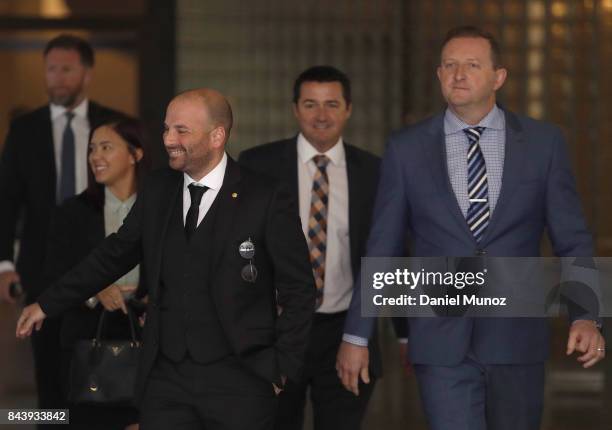 Celebrity chef George Calombaris leaves Downing Centre Local Court on September 8, 2017 in Sydney, Australia. The celebrity chef was charged with...