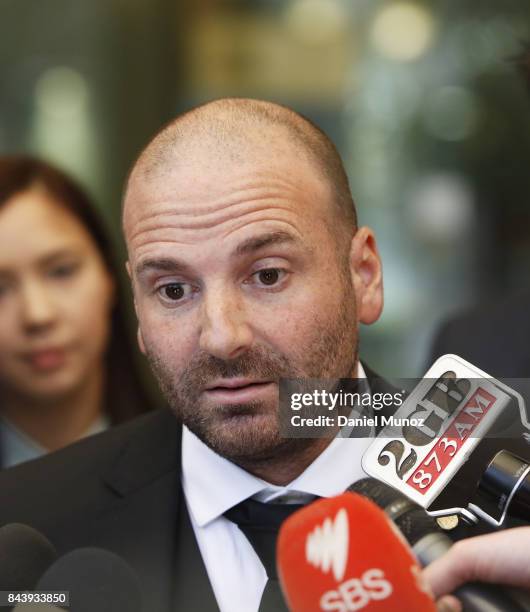 Celebrity chef George Calombaris talks to media as he leaves Downing Centre Local Court on September 8, 2017 in Sydney, Australia. The celebrity chef...