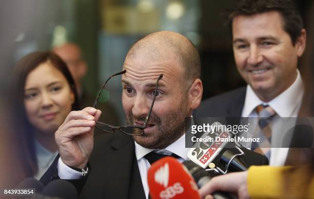 Celebrity chef George Calombaris talks to media as he leaves Downing Centre Local Court on September 8, 2017 in Sydney, Australia. The celebrity chef...