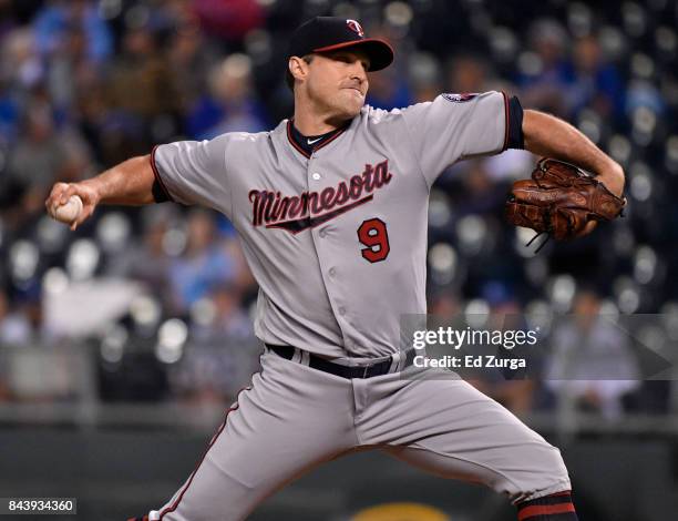 Matt Belisle of the Minnesota Twins throws in the ninth inning against the Kansas City Royals at Kauffman Stadium on September 7, 2017 in Kansas...