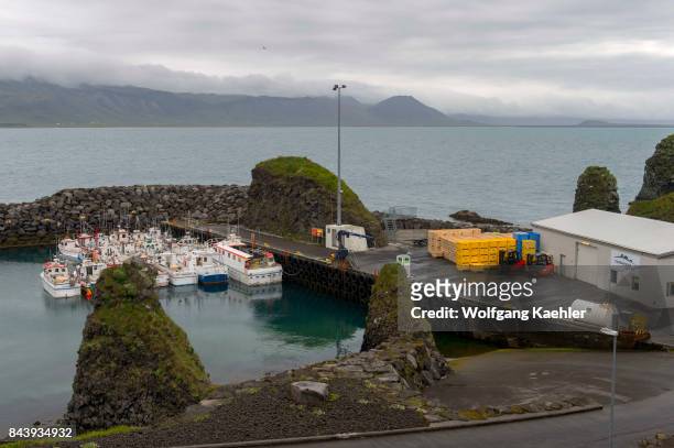 Fishing boats in the fishing harbor at Arnarstapi, on the Snaefellsnes Peninsula in western Iceland.