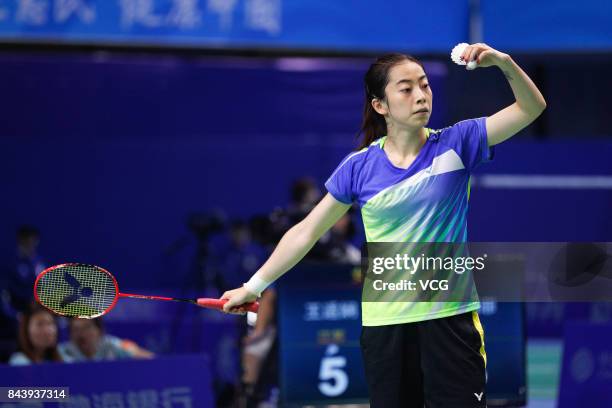 Wang Shixian competes against Chen Yufei during the Women's singles badminton final match during the 13th Chinese National Games on September 7, 2017...