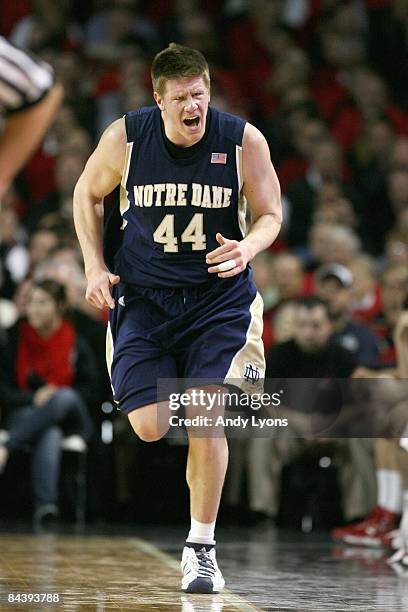 Luke Harangody of the Notre Dame Fighting Irish runs down court during the Big East Conference game against the Louisville Cardinals on January 12,...