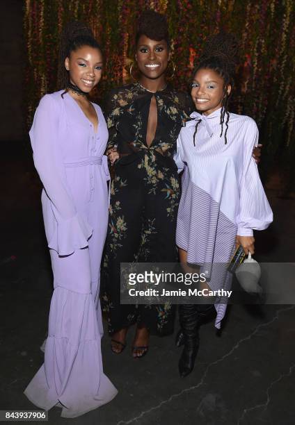 Issa Rae poses with R&B duo Chloe X Halle at the Refinery29 Third Annual 29Rooms: Turn It Into Art event on September 7, 2017 in the Brooklyn borough...
