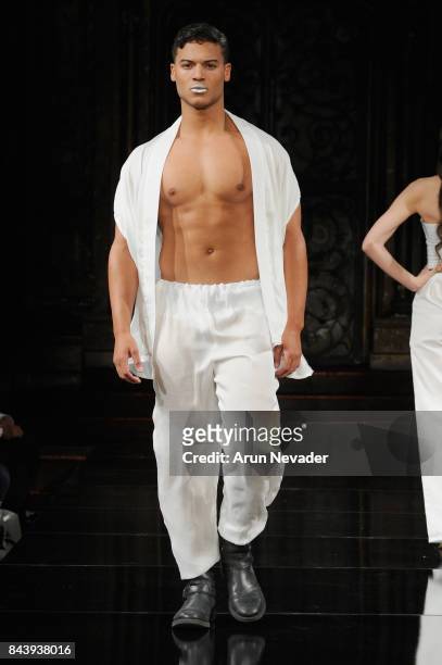 Model walks the runway for Jonathan Marc Stein Fashion Show at Art Hearts Fashion SS/18 at The Angel Orensanz Foundation on September 7, 2017 in New...