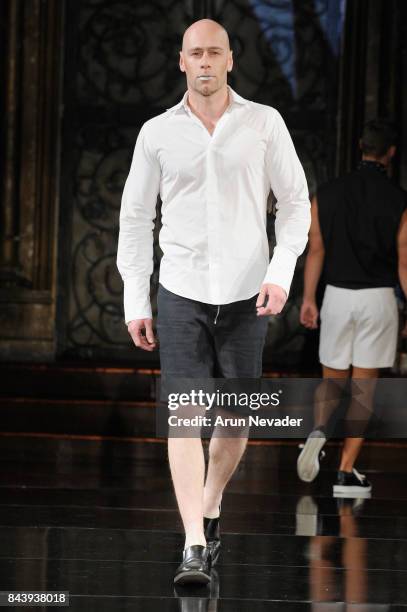 Model walks the runway for Jonathan Marc Stein Fashion Show at Art Hearts Fashion SS/18 at The Angel Orensanz Foundation on September 7, 2017 in New...