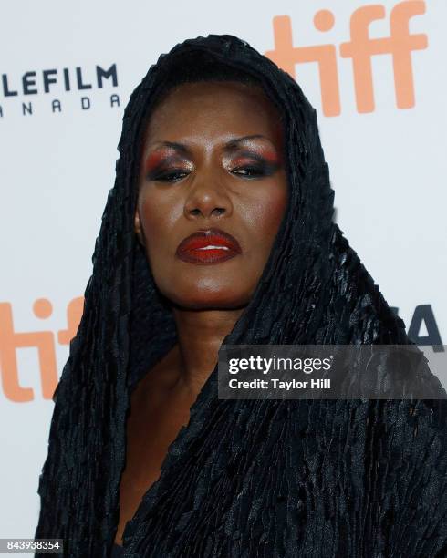 Grace Jones attends the premiere of "Grace Jones: Bloodlight and Bami" at the Winter Garden Theatre during the 2017 Toronto International Film...