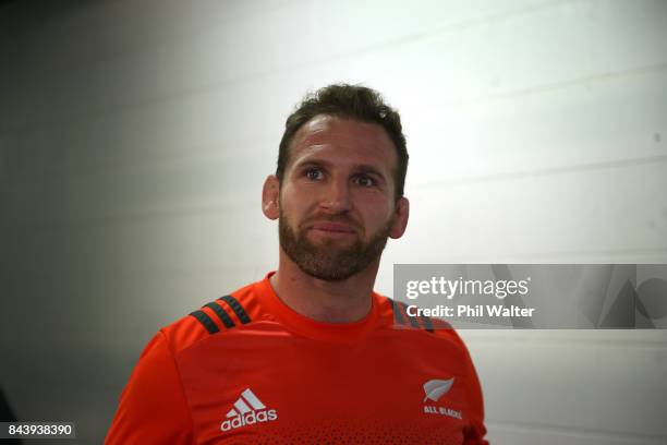 Kieran Read of the All Blacks arrives for the New Zealand All Blacks captain's run at Yarrow Stadium on September 8, 2017 in New Plymouth, New...