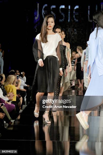 Models walk the runway for Jessie Liu Fashion Show at Art Hearts Fashion SS/18 at The Angel Orensanz Foundation on September 7, 2017 in New York City.