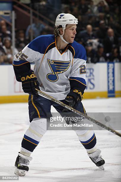 Yan Stastny of the St. Louis Blues skates against the Edmonton Oilers on January 11, 2009 at Rexall Place in Edmonton, Alberta, Canada.