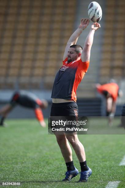 Dane Coles of the All Blacks warms up for the New Zealand All Blacks captain's run at Yarrow Stadium on September 8, 2017 in New Plymouth, New...
