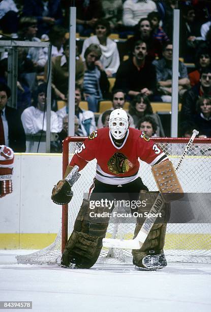 Goaltender Tony Esposito of the Chicago Blackhawks skates during an NHL Hockey game circa 1970's. Esposito played for the Blackhawks from 1969-84.